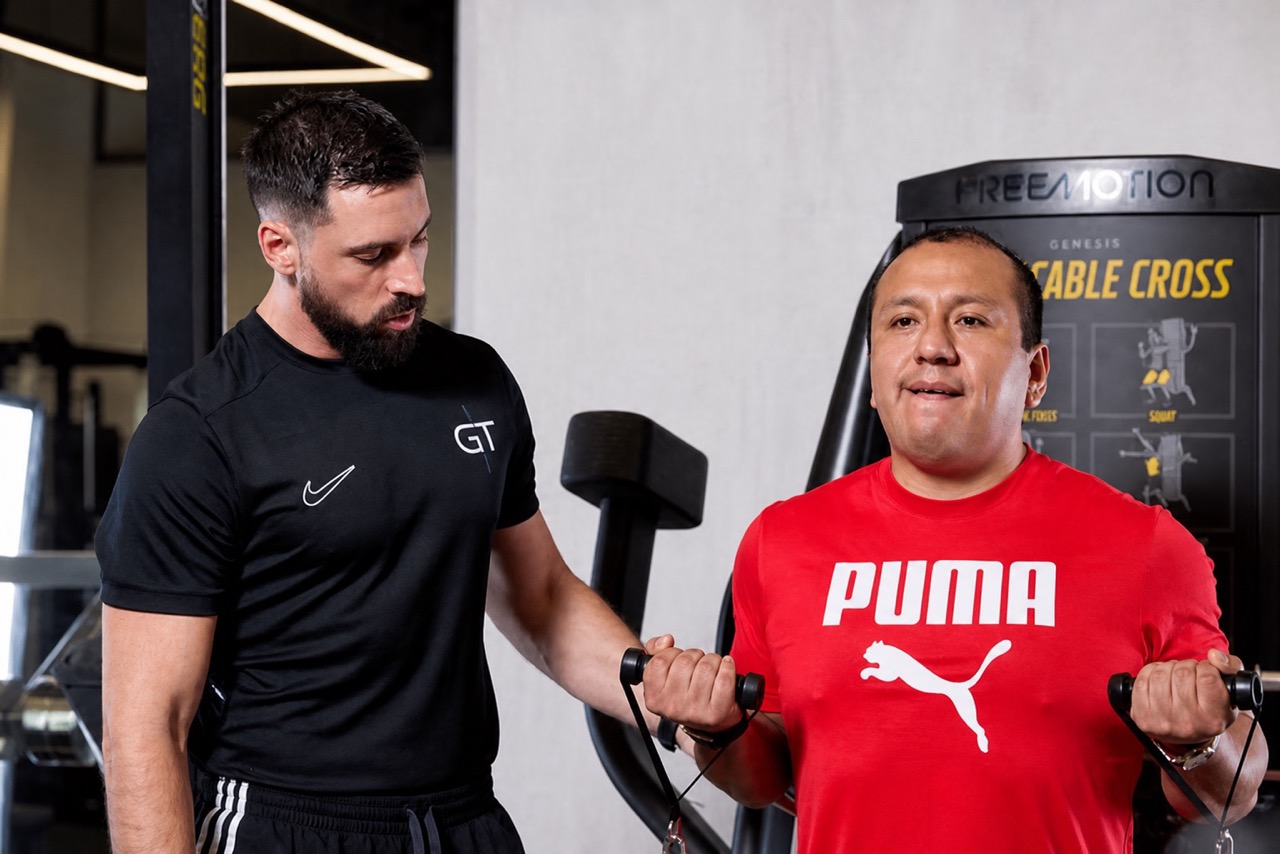 Goran supervising a client's dumbbell exercise