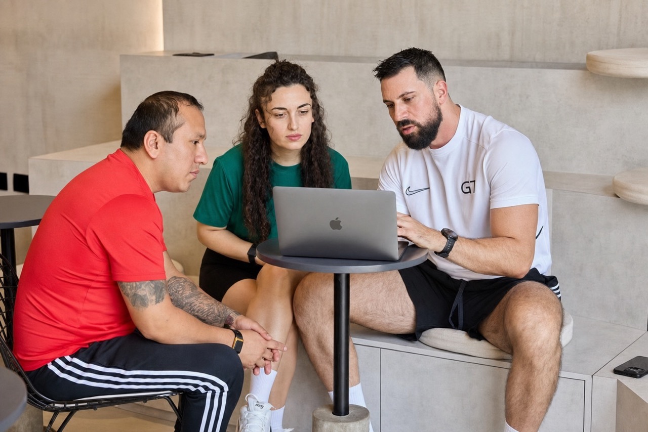 Goran reviewing a laptop with two clients