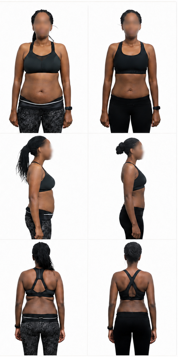 GT Coaching client, 14 weeks: front view, before on the left and after on the right.
