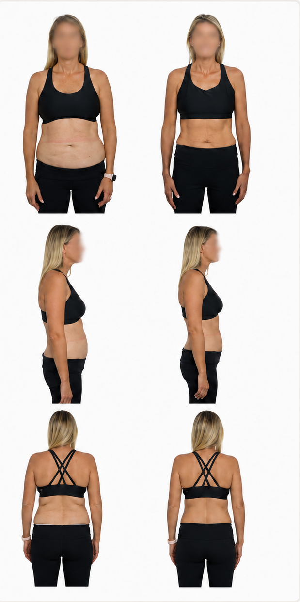 GT Coaching client, 16 weeks: front view, before on the left and after on the right.
